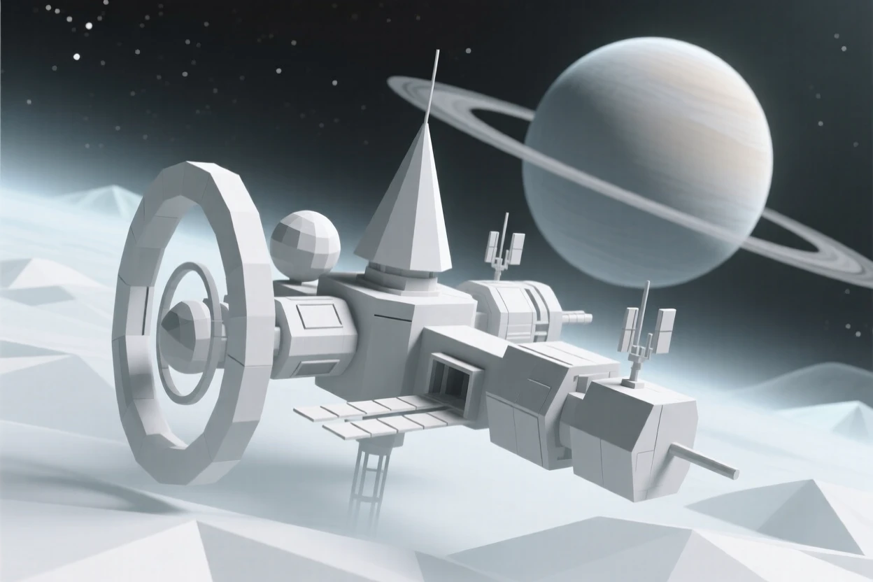 A futuristic space station orbiting a distant world, surrounded by soft glowing mist. the composition uses a wide, immersive perspective. A gentle, surreal beauty fills the composition.