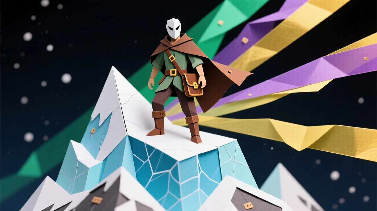A rogue treasure hunter standing atop a frozen mountain peak, with shafts of colored light piercing the darkness, evoking ancient power and mystery.