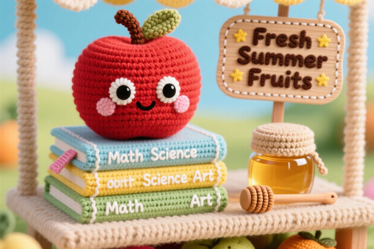 a round apple character, with a glossy red skin and a tiny stem, resting atop a stack of schoolbooks, displayed in a bright summer fruit stand, with a small jar of honey with a wooden dipper, radiating a cozy sense of shared treats.