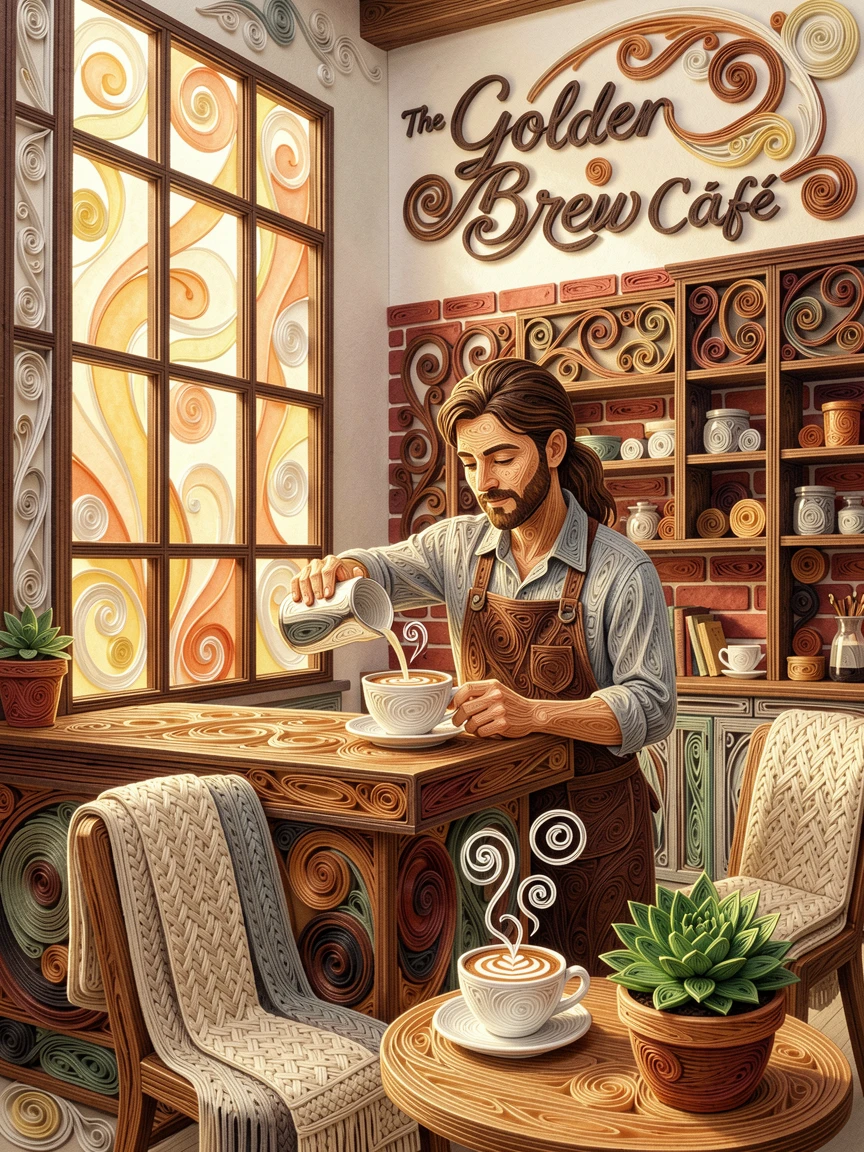 A relaxed modern lifestyle scene of a barista crafting latte art in a cozy café in a modern loft with large windows, with soft golden afternoon light throughout, arranged with cozy layered textures throughout.