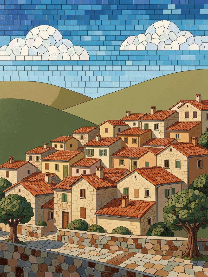 A hillside Mediterranean village with terracotta rooftops.