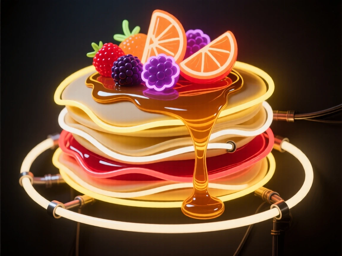 A stack of crepes filled with fruit and drizzled with syrup.