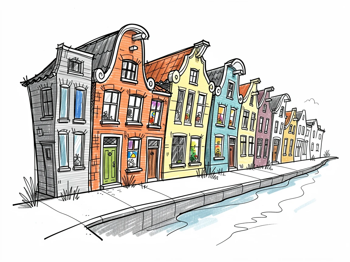 A row of colorful canal houses along a scenic coastal path.