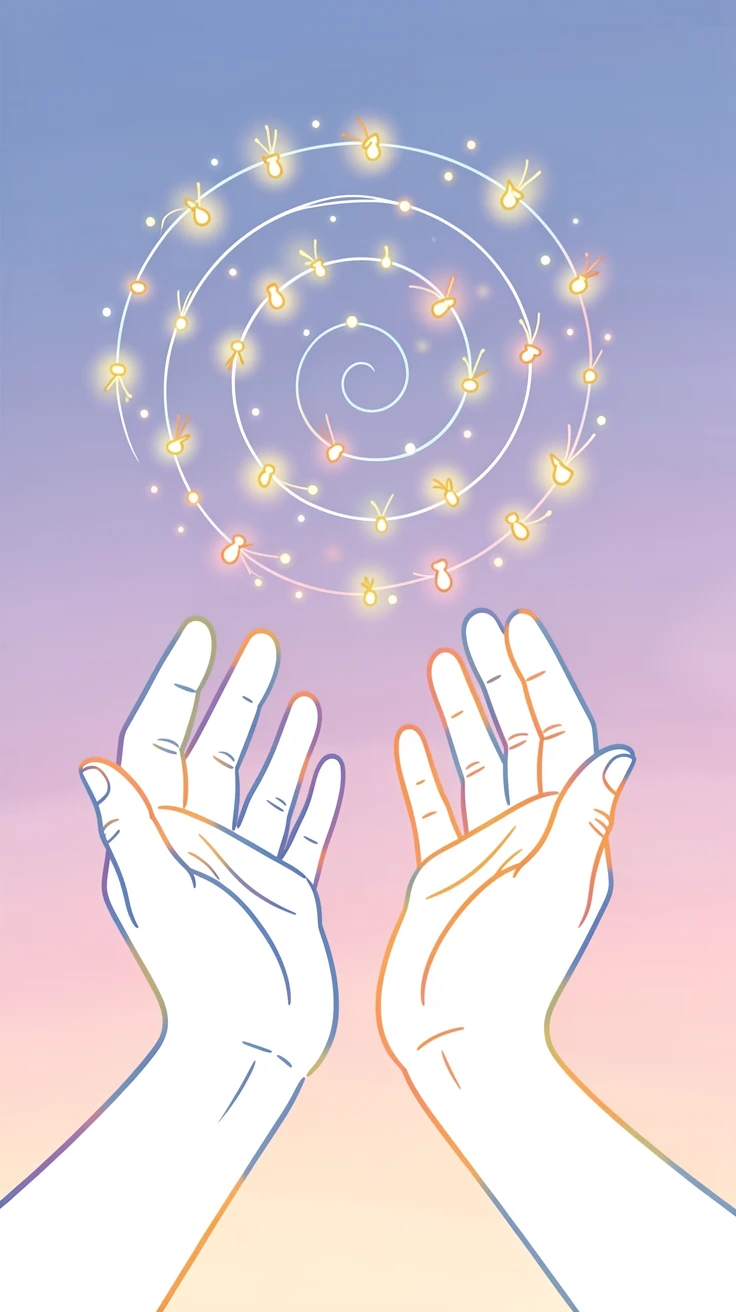 A pair of open hands releasing a swirl of glowing fireflies at dusk.