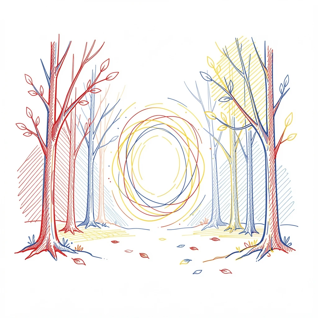 A shimmering portal opening in the middle of a quiet autumn forest