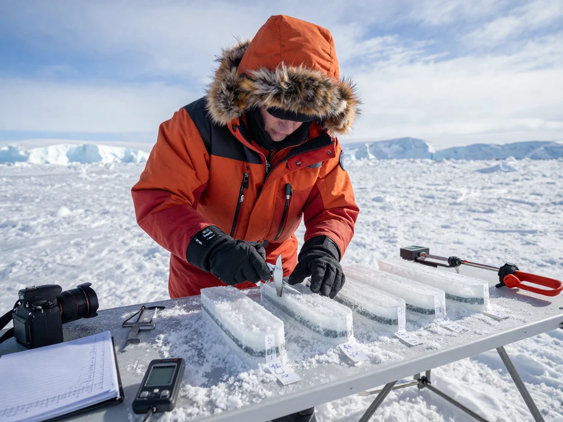 A glacier researcher measuring ice core samples in Antarctica