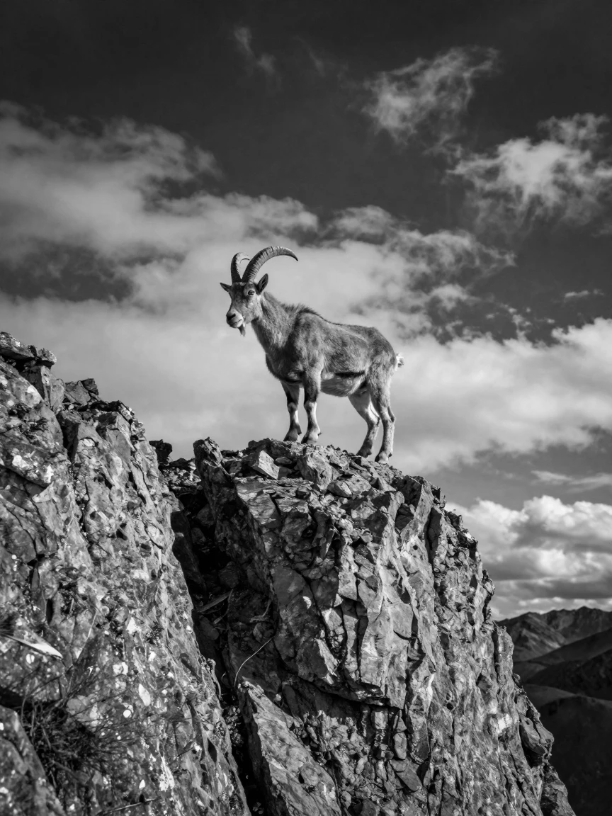 A mountain goat balances on a narrow cliff ledge atop a remote windswept peak.