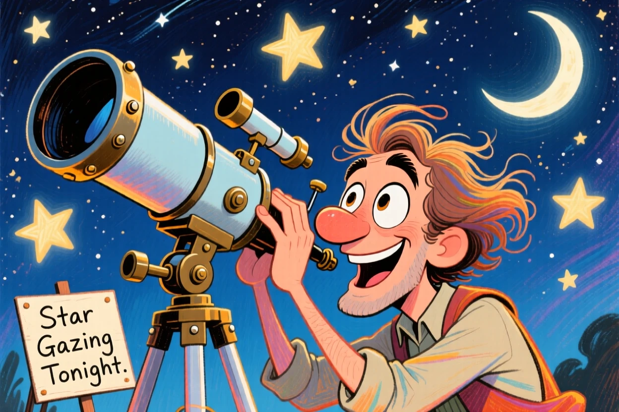A hobbyist astronomer peering through a large telescope under a starry night sky.