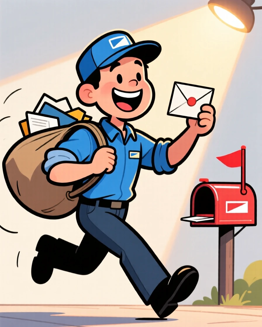 A vibrant profession-themed portrait of a cheerful mail carrier mid-task with sleeves rolled up and tools in hand, under bright overhead lights.
