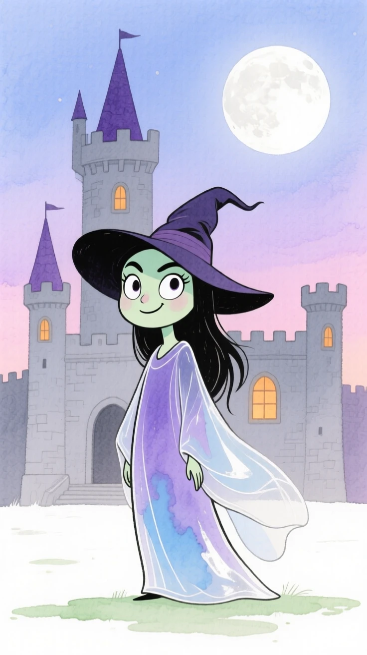 A moonlit sorceress standing before an ancient castle at dusk