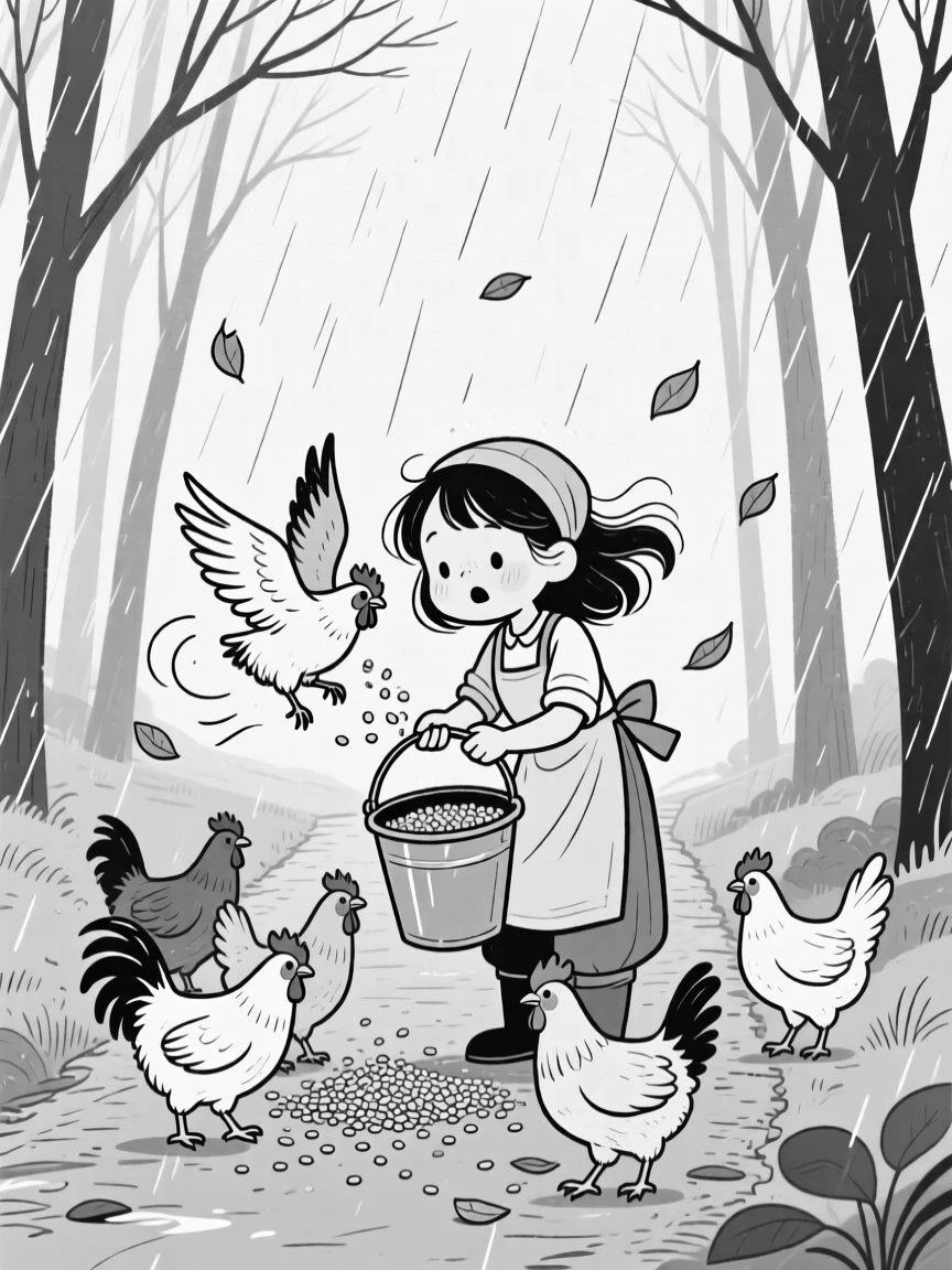 A farmer's daughter feeding chickens from an overflowing bucket, ducking as wings flap past a startled face, set on a forest trail caught in a sudden downpour. A gentle breeze sends more leaves fluttering down. It captures the quiet wonder of the changing seasons.