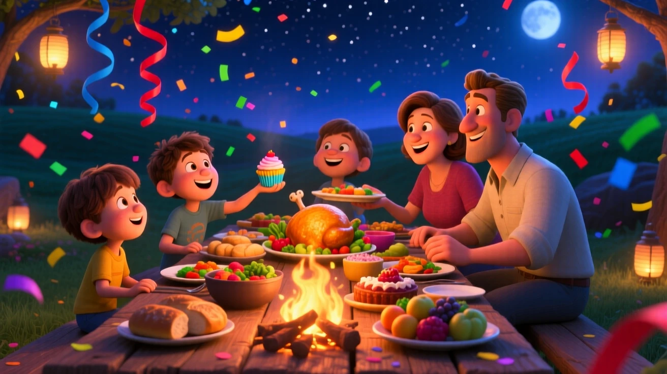 A family sharing a large feast at a long table happens around a crackling bonfire under a starry sky, with confetti and streamers filling the air. A festive warmth and togetherness fill the scene.