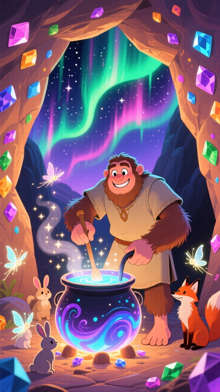 In a glowing cave of gems, a friendly giant discovers a moment of wonder while brewing a shimmering potion, as the northern lights ripple overhead.