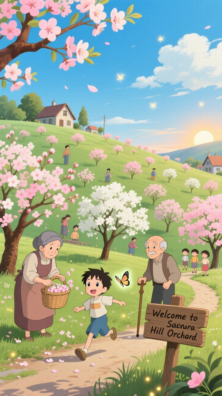 A spring scene of a hillside orchard bursting with pink and white blossoms, as townsfolk go about their day.