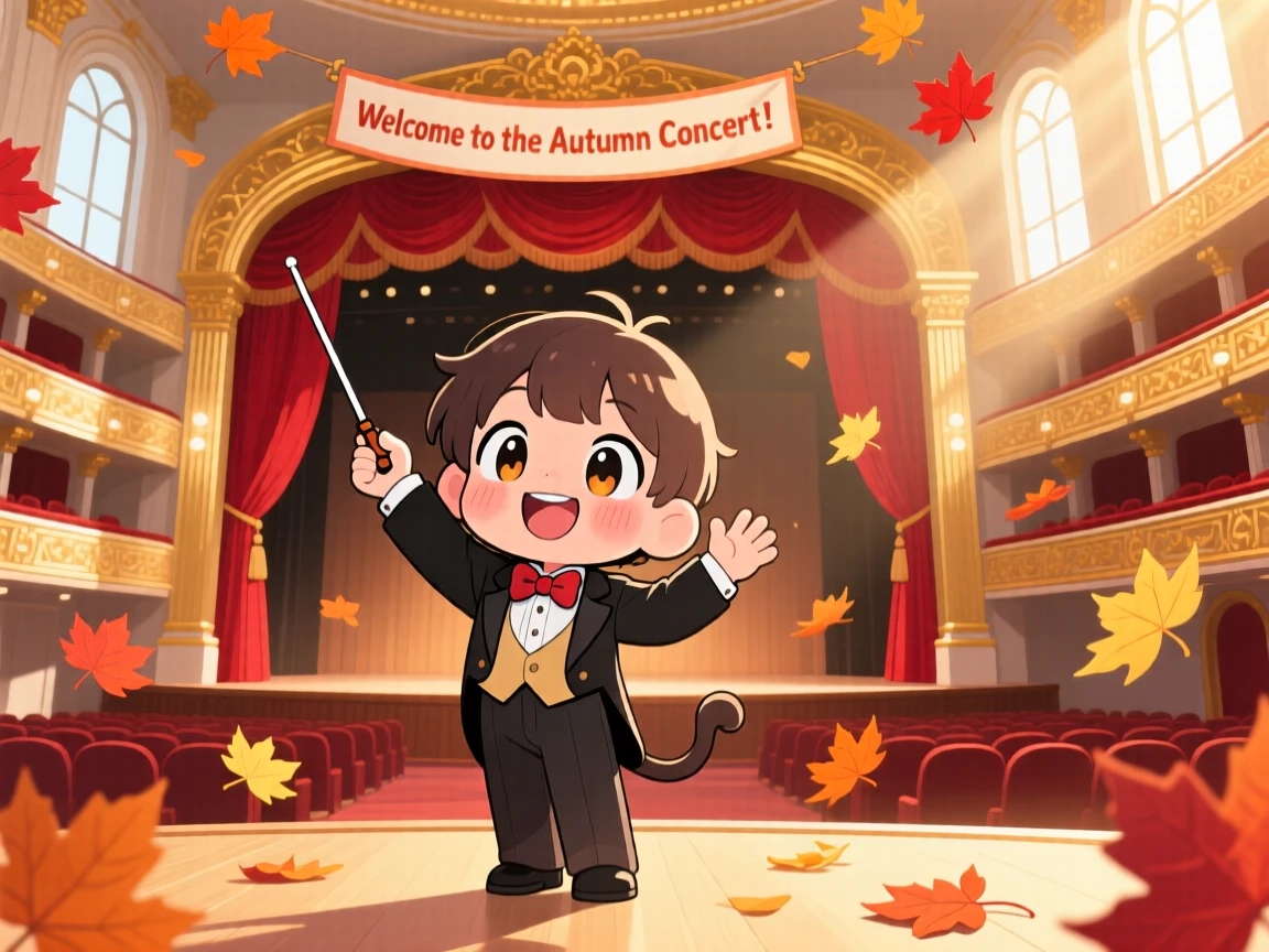 A child conductor waving a baton enthusiastically, framed as a symmetrical front-on view within a grand concert hall, with autumn leaves swirling around, glowing under bright midday sun, evoking eager anticipation.