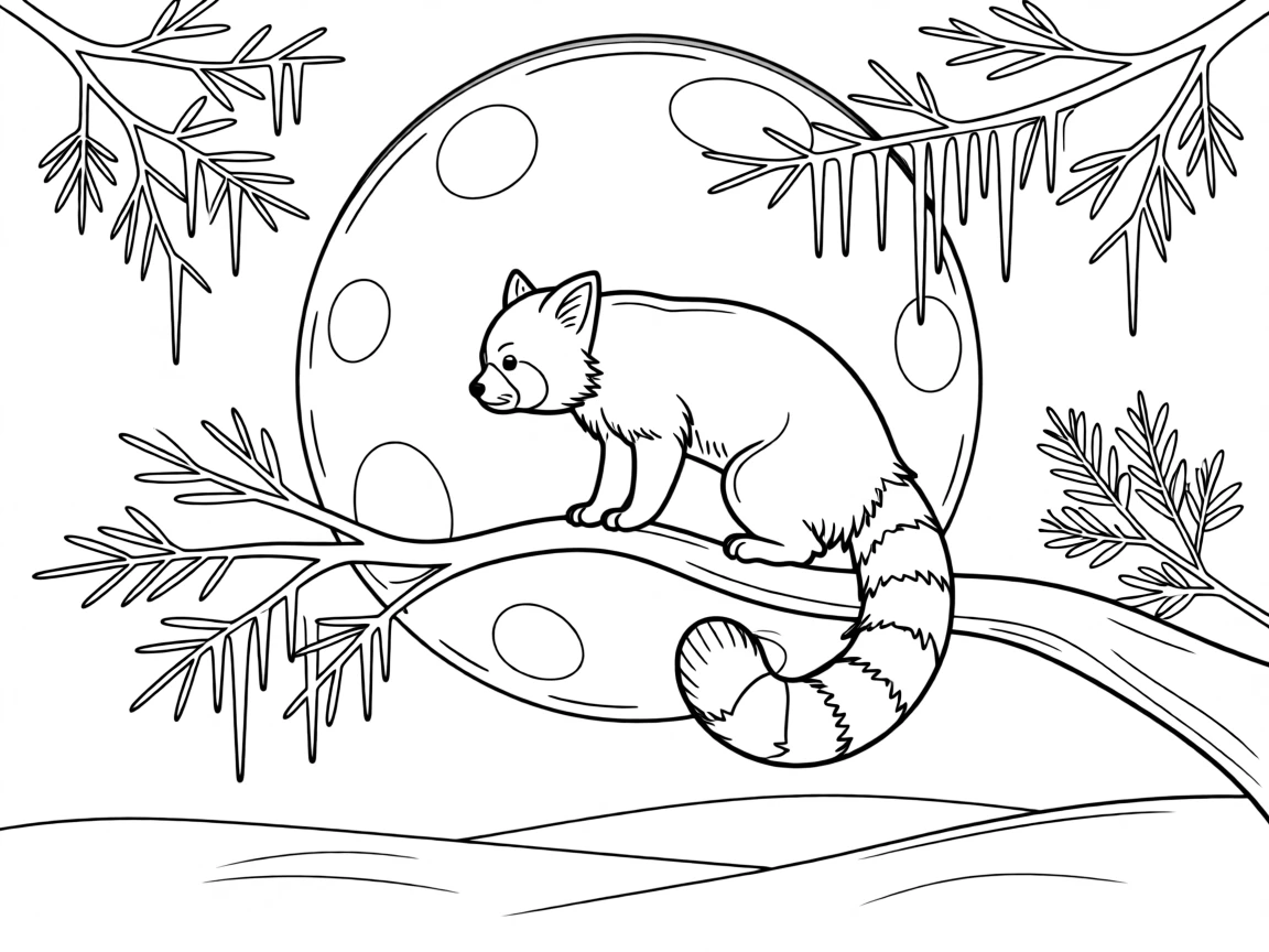 A red panda silhouetted against a full moon, with icicles hanging from nearby branches.