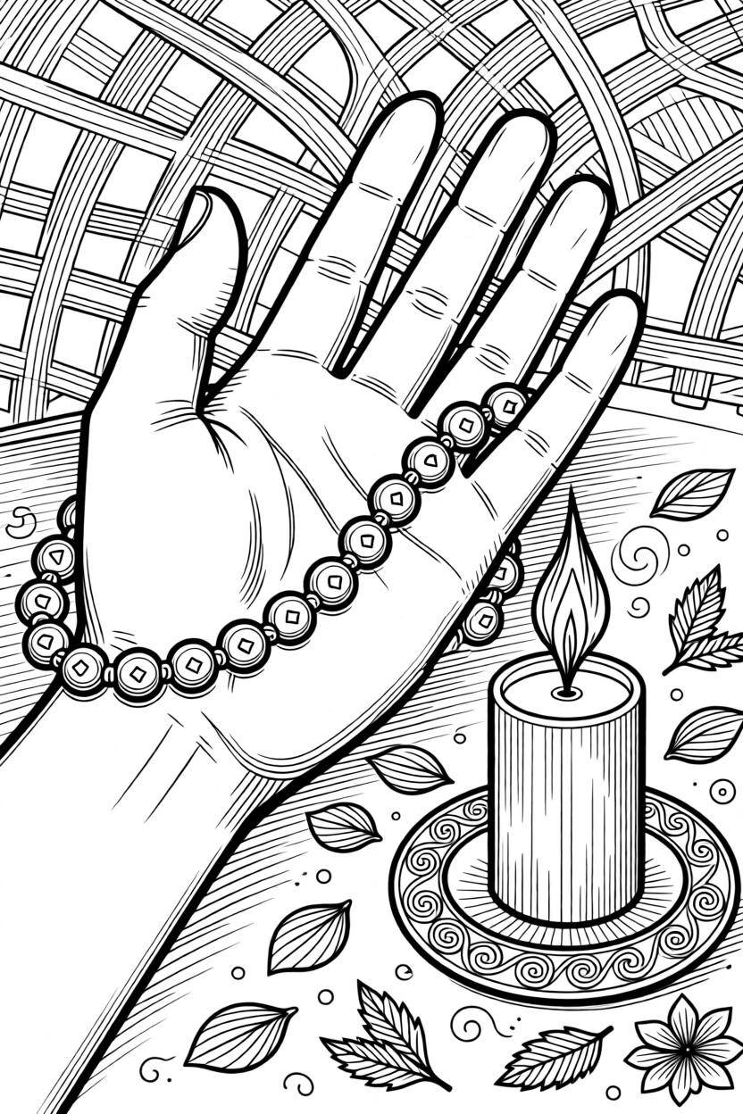 A set of mala beads draped over an open palm beside a candle.
