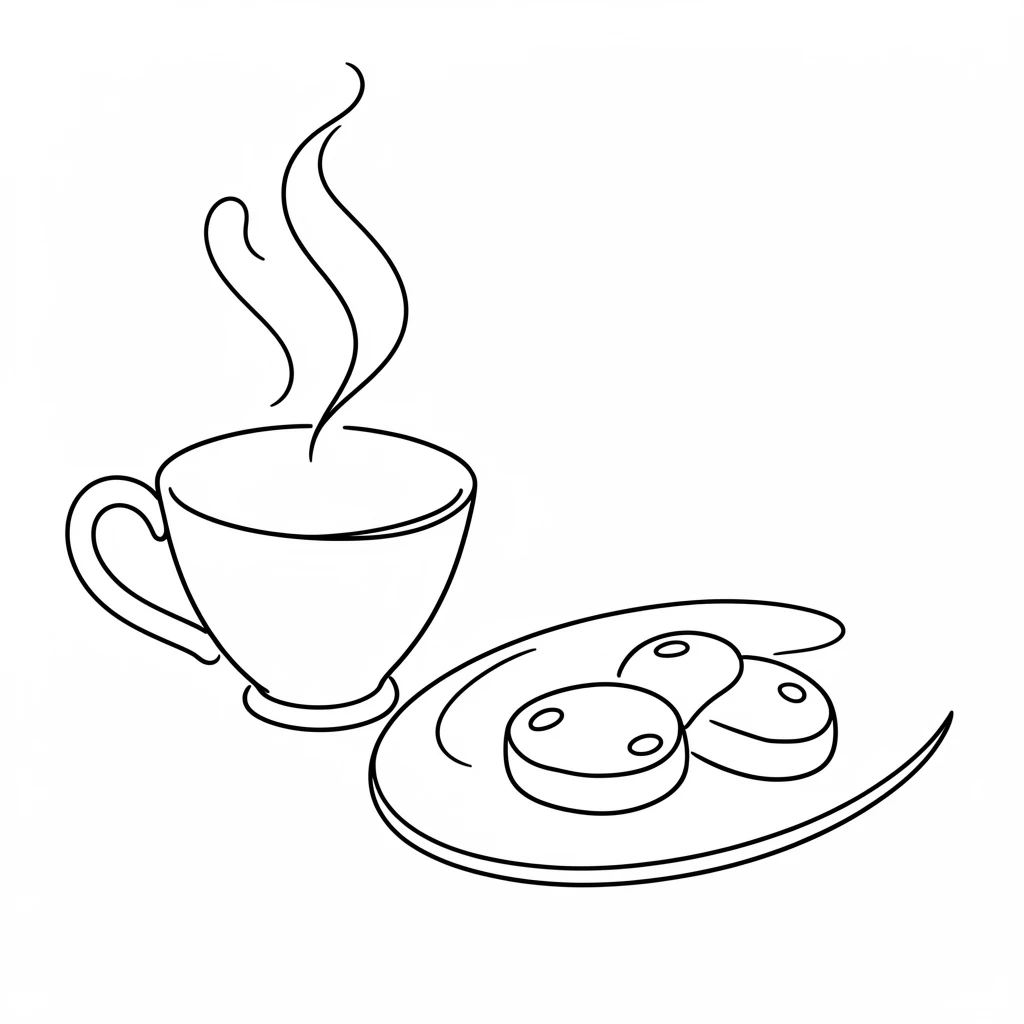 A steaming cup of tea beside a small plate of shortbread cookies