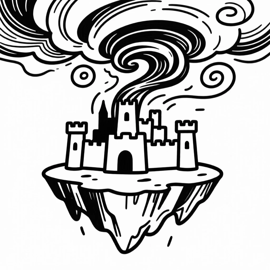 A magical storm brewing over a floating island fortress.