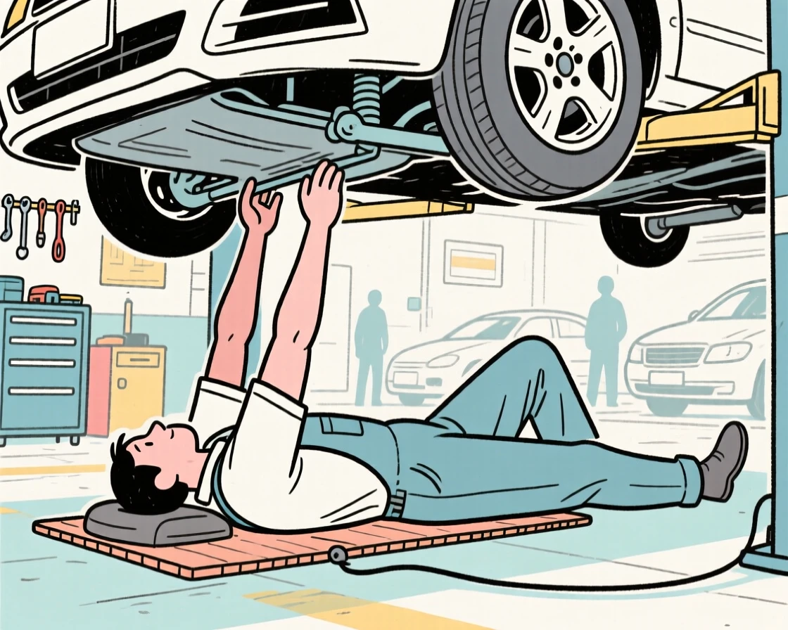 A mechanic working underneath a car in a busy garage.