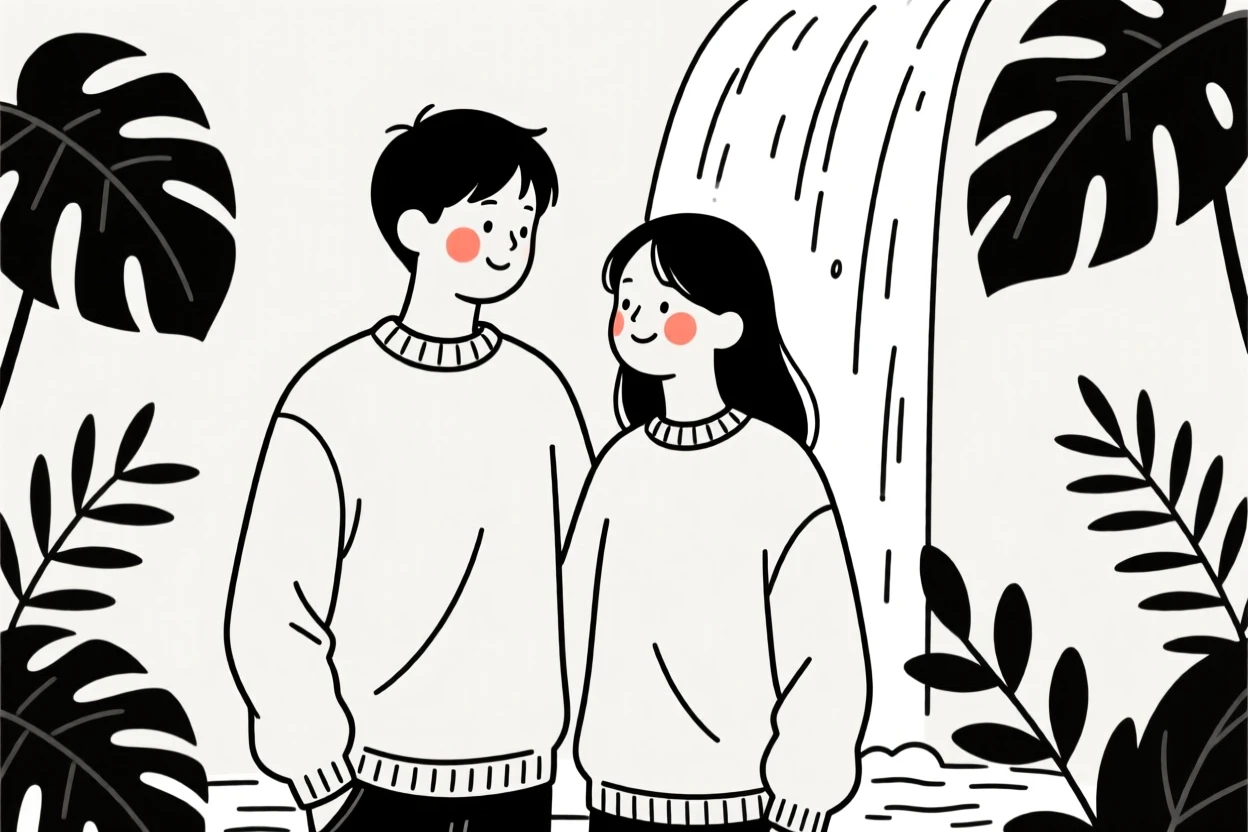 A young couple in a cozy oversized sweater, by a waterfall in the jungle.