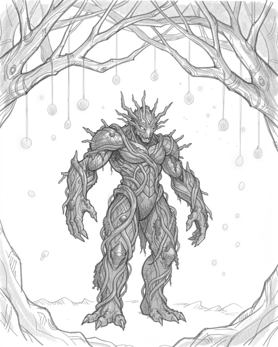 An epic fantasy scene of a mystical forest guardian made of vines and moss beneath branches strung with fireflies, with glowing spores floating like snow.