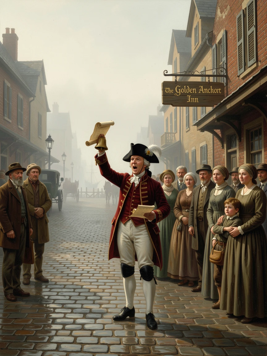 A town crier performs in a grand cobblestone square as fog rolls in from the harbor.