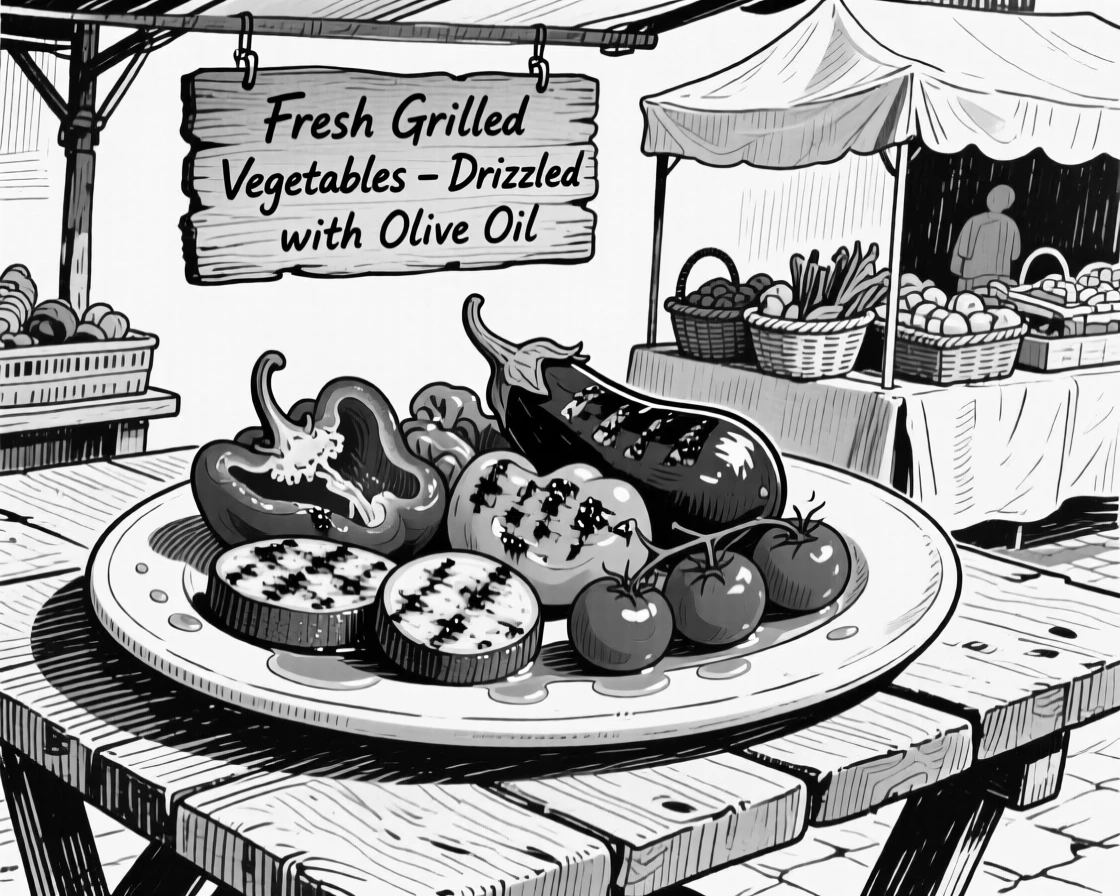 A plate of grilled vegetables drizzled with olive oil at an outdoor market stall.