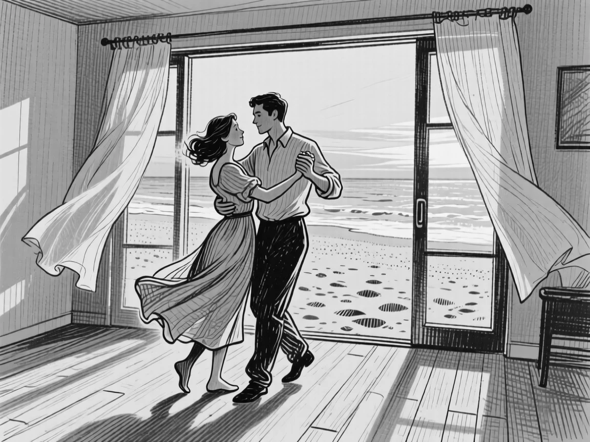 A couple dancing in a softly lit room on a sandy beach at golden hour, with a look of quiet contentment, creating a peacefully content lifestyle scene.