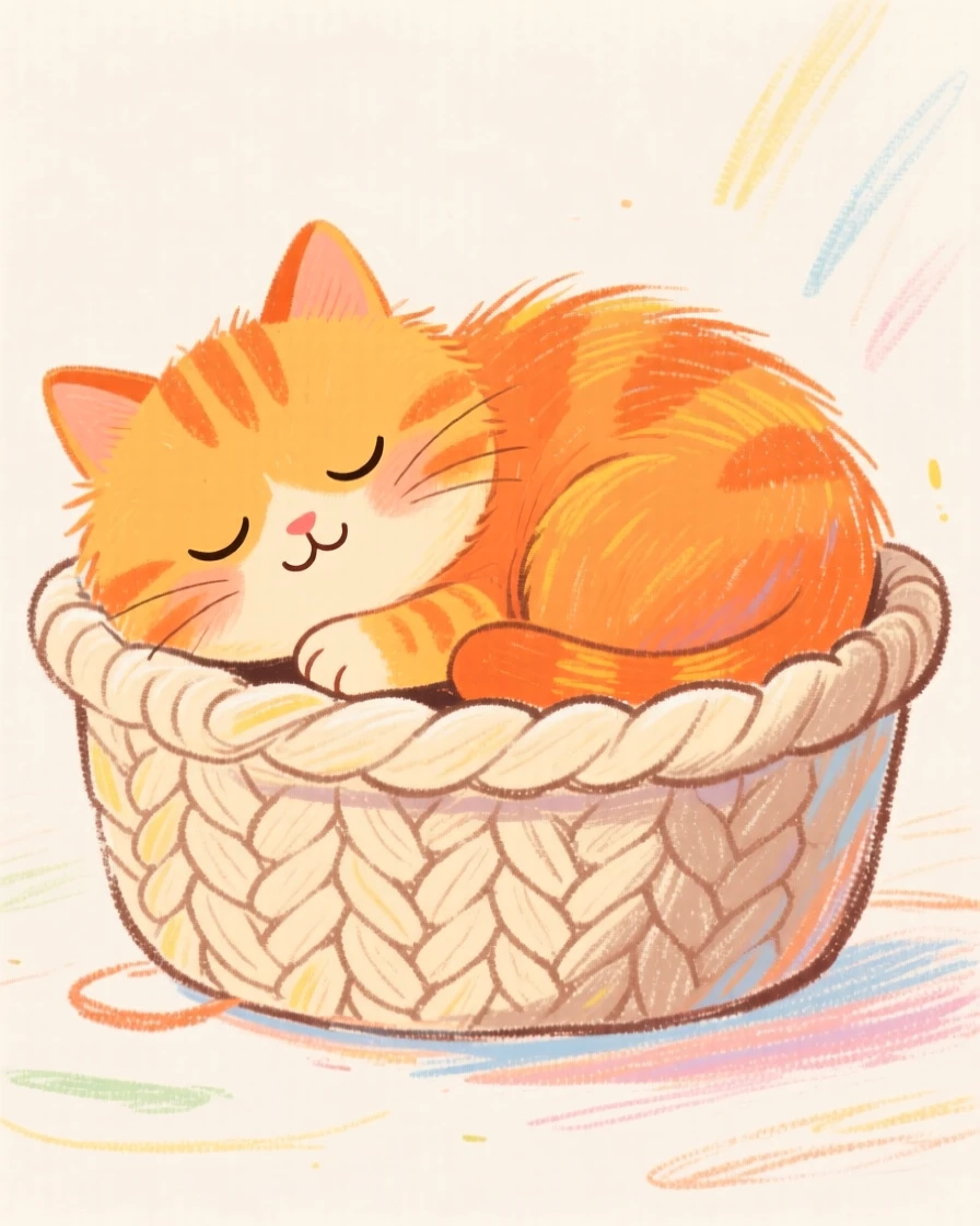 A fluffy orange kitten curled asleep inside a knitted wool basket.
