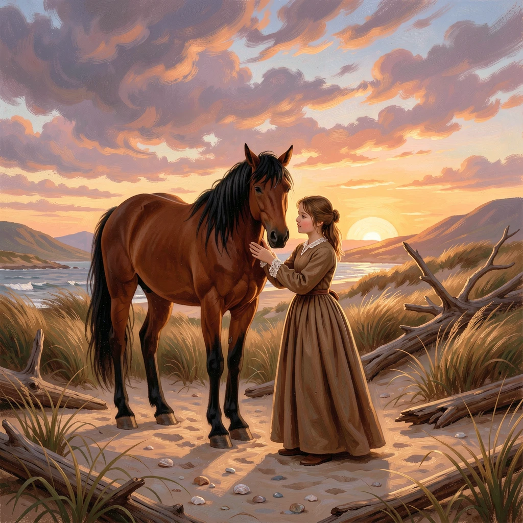 A young girl brushes her horse beside a windswept beach at sunset as the sun rises over the hills.
