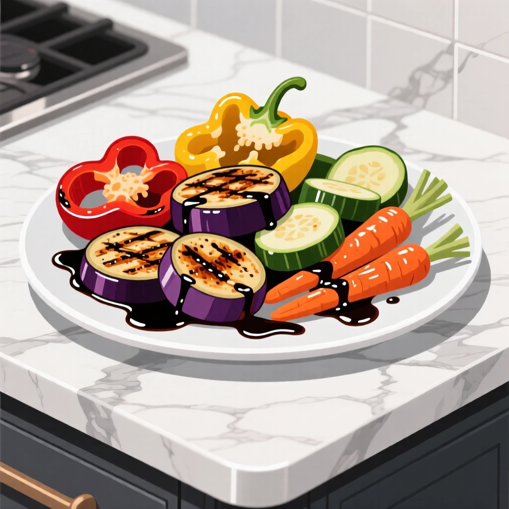 A platter of grilled vegetables drizzled with balsamic glaze, placed atop a marble kitchen counter, framed closely to emphasize glossy, fresh textures, with a joyful, celebratory feel.