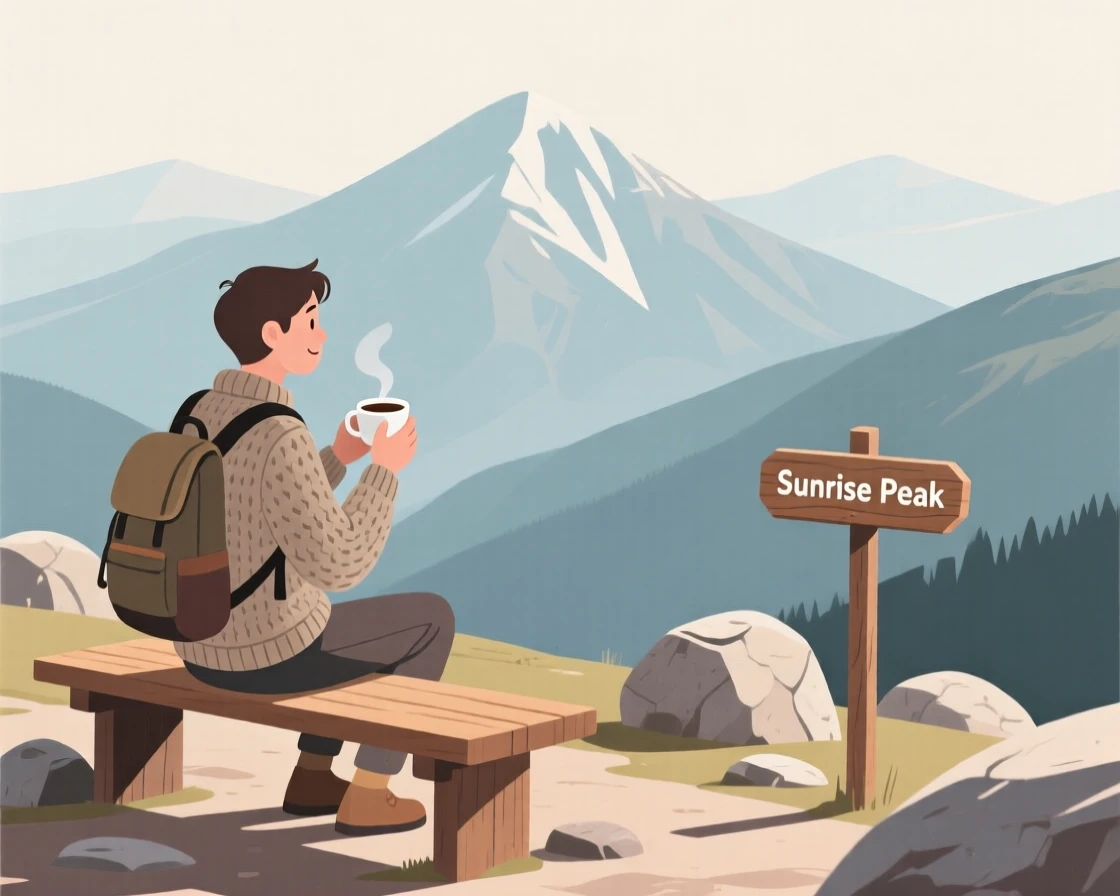 A traveler sipping coffee near a mountain viewpoint.