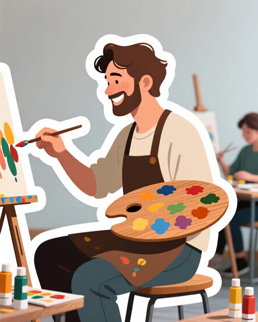 A quietly passionate painter mixing colors on a wooden palette, with a warm smile of accomplishment, in a small community class setting.