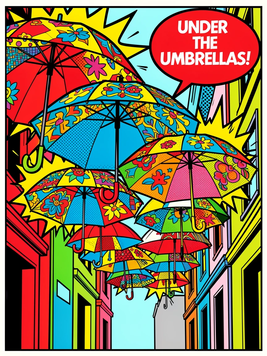 A row of elaborate umbrellas hanging above a narrow city street