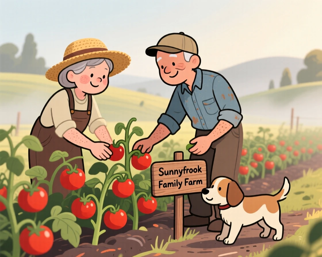 A elderly couple tends rows of ripening tomatoes on a small family farm as a lazy farm dog wander nearby and the morning mist begins to lift.