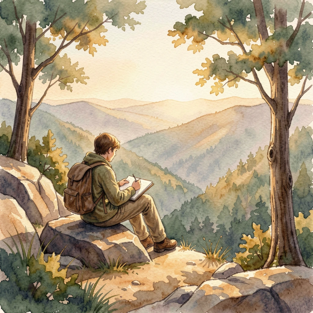 A traveler sketching a landscape from a mountain overlook as the golden afternoon light filters through nearby trees.