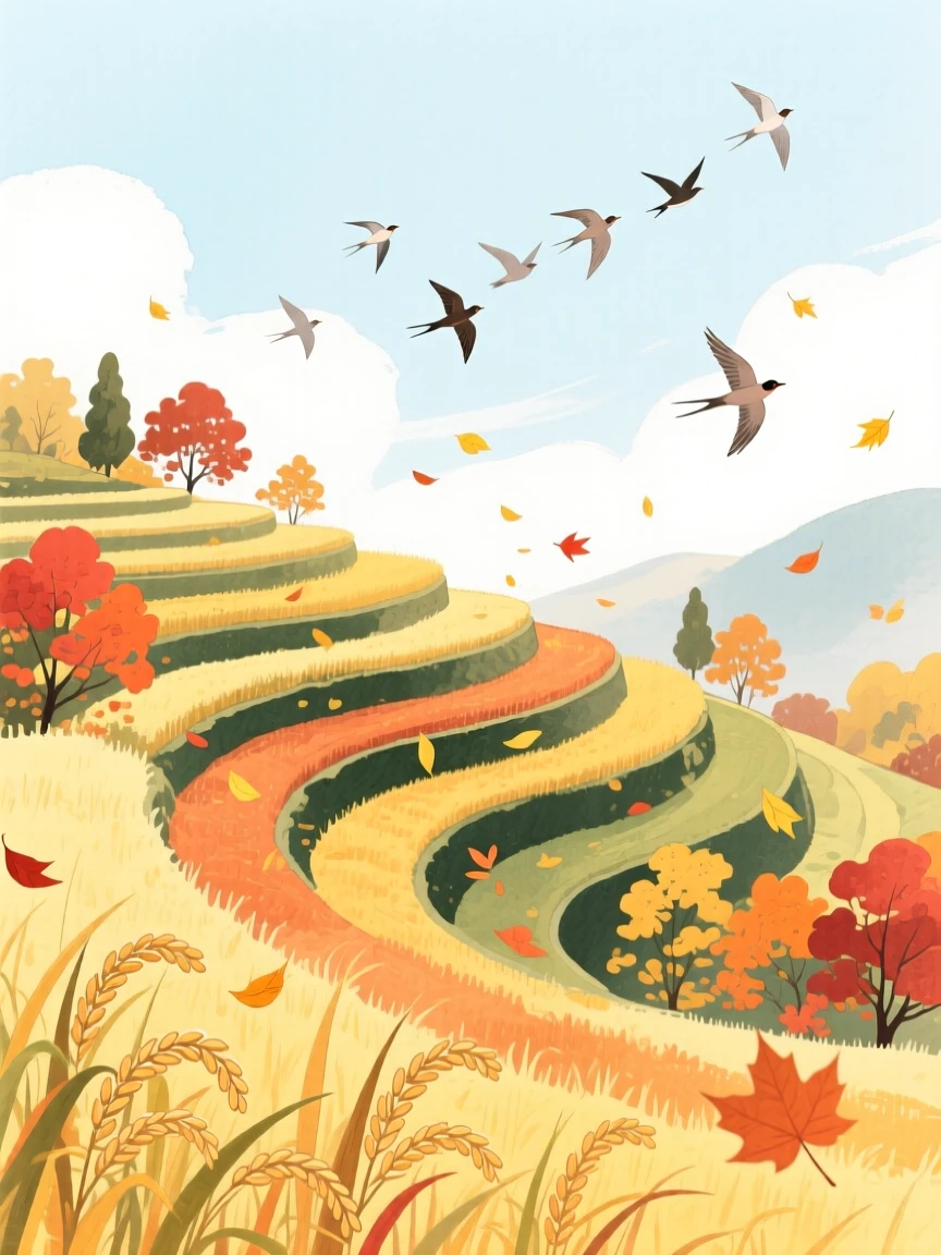 A breathtaking view of a terraced rice field as autumn leaves fall, where a flock of birds crosses the sky