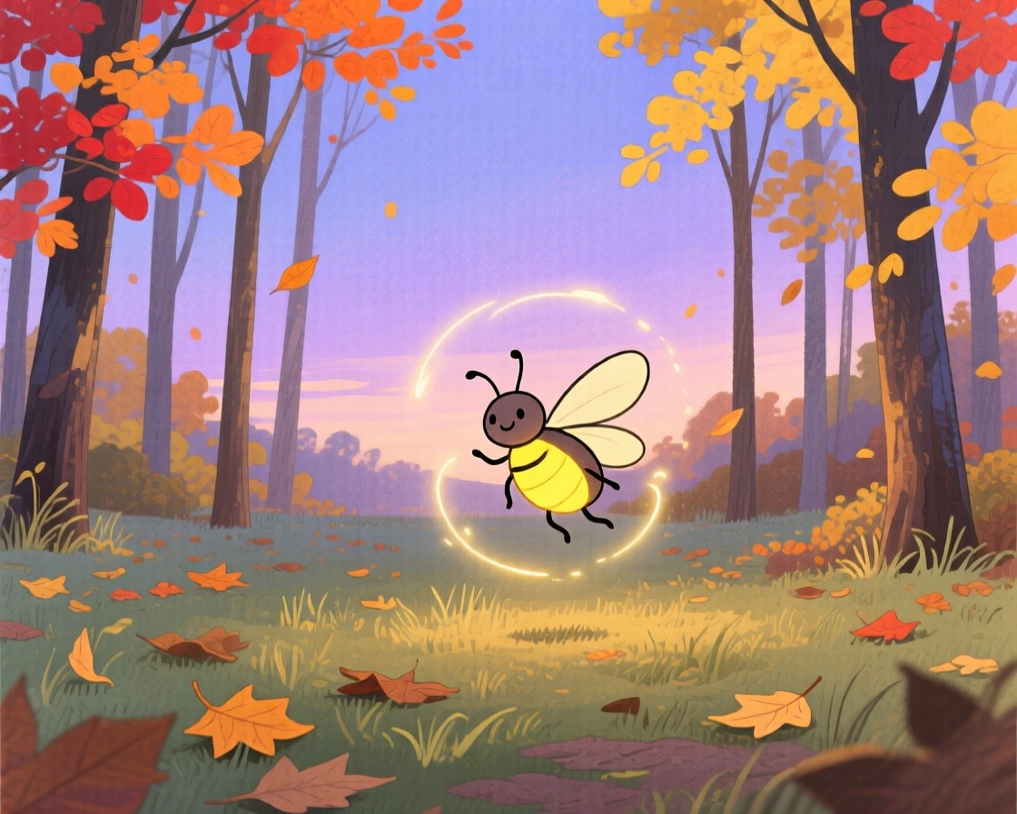 A firefly glowing at dusk playing joyfully in a quiet forest clearing on a crisp autumn afternoon.