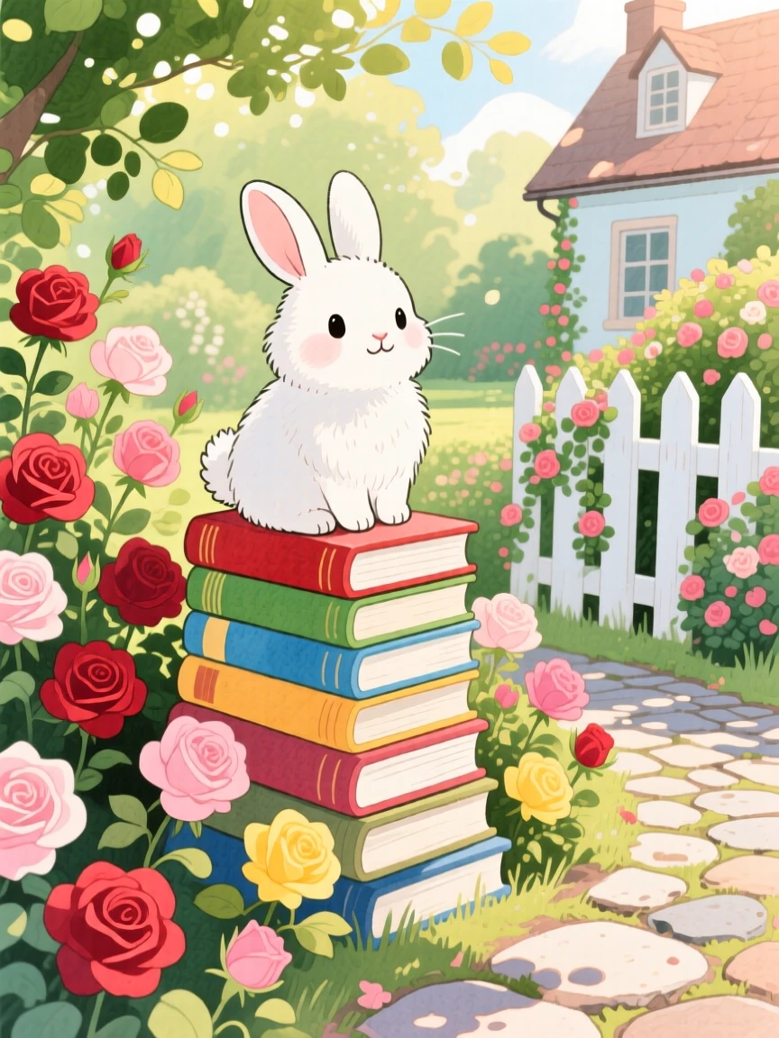 A fluffy white rabbit sitting proudly atop a stack of storybooks, set in a sunny cottage garden overflowing with roses, capturing a fleeting moment of quiet contentment.