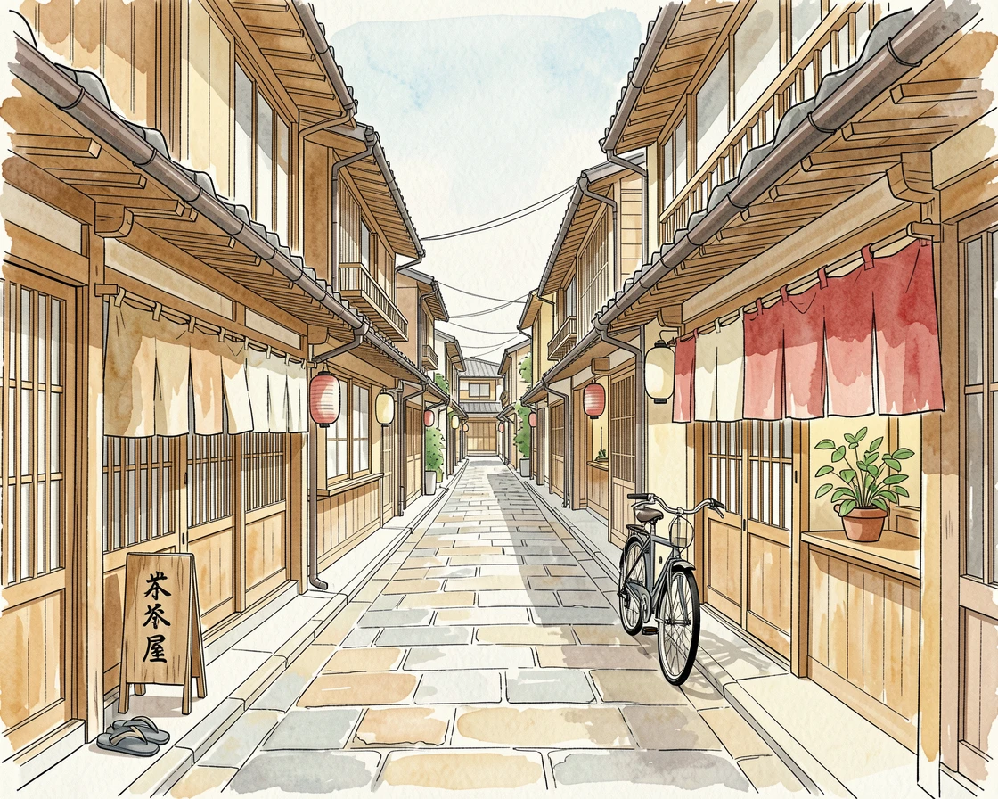A quiet alley in Kyoto lined with traditional wooden shopfronts, small details of daily life scattered throughout the setting.