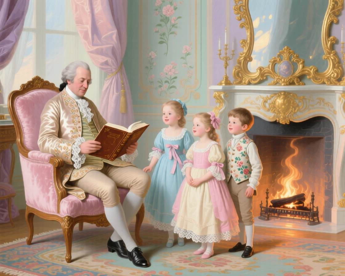 A father reading a story while his children gather around a fireplace  