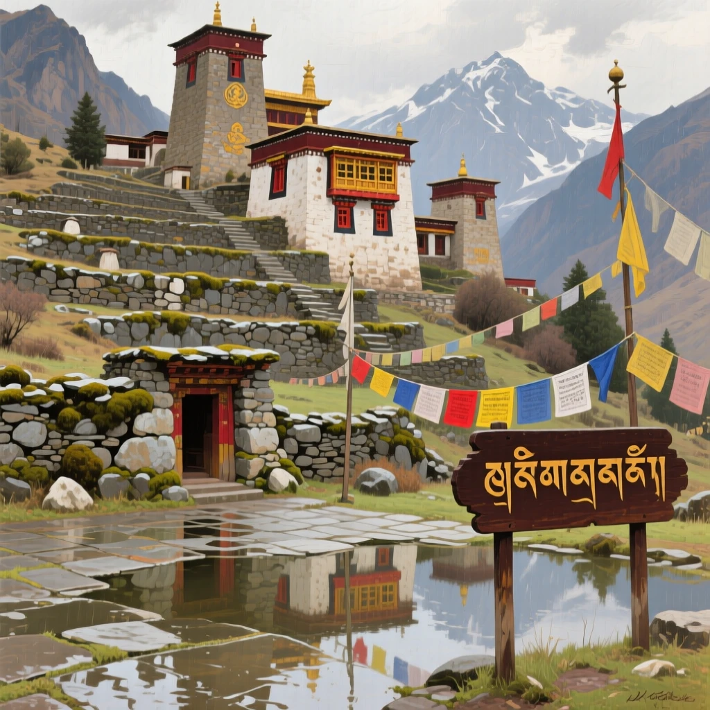 The ancient stone terraces and towers of a hidden Himalayan monastery, as reflections shimmer across nearby water or wet pavement, celebrating the architectural wonder and cultural richness of the location