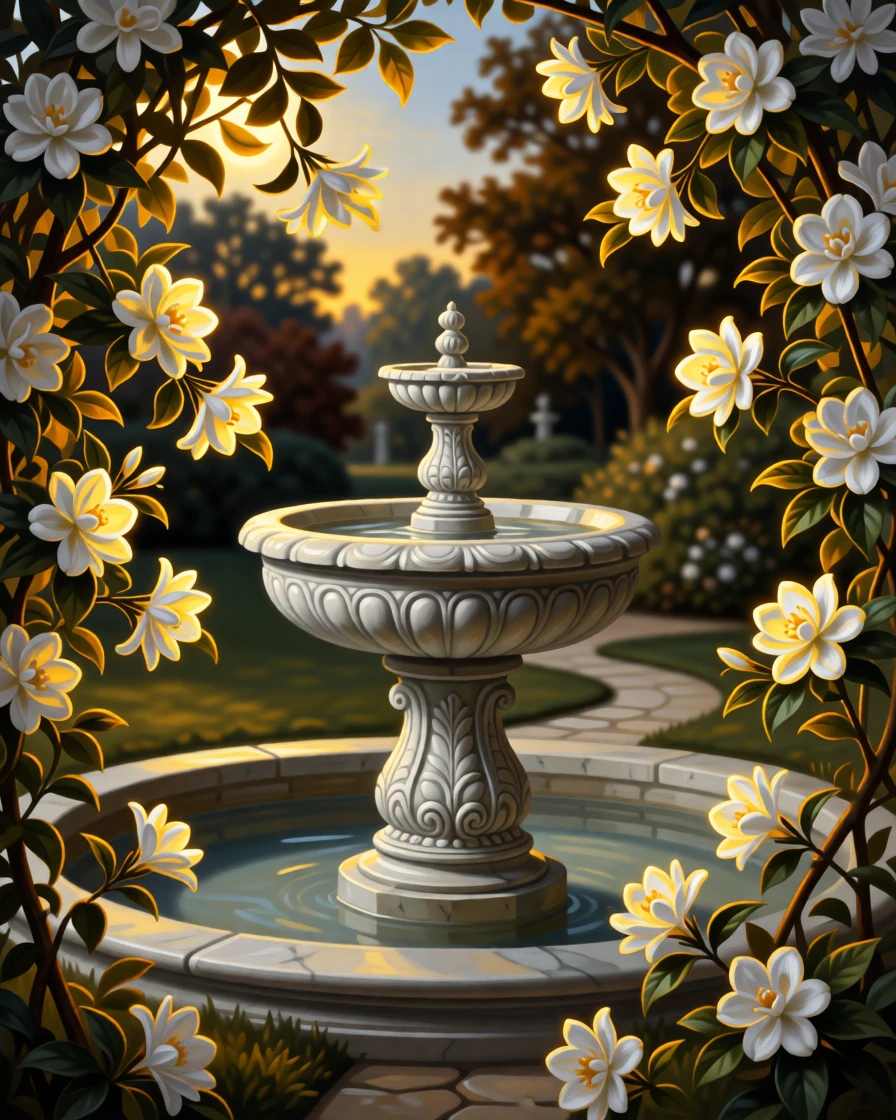 A moonlit garden with a marble fountain and blooming night jasmine glowing under the last light of a fading afternoon, set far from any signs of human presence, with golden light catching the edges of every leaf and petal; a winding path or river leads the eye deep into the distance, suggesting harmony between the natural world and the soul.