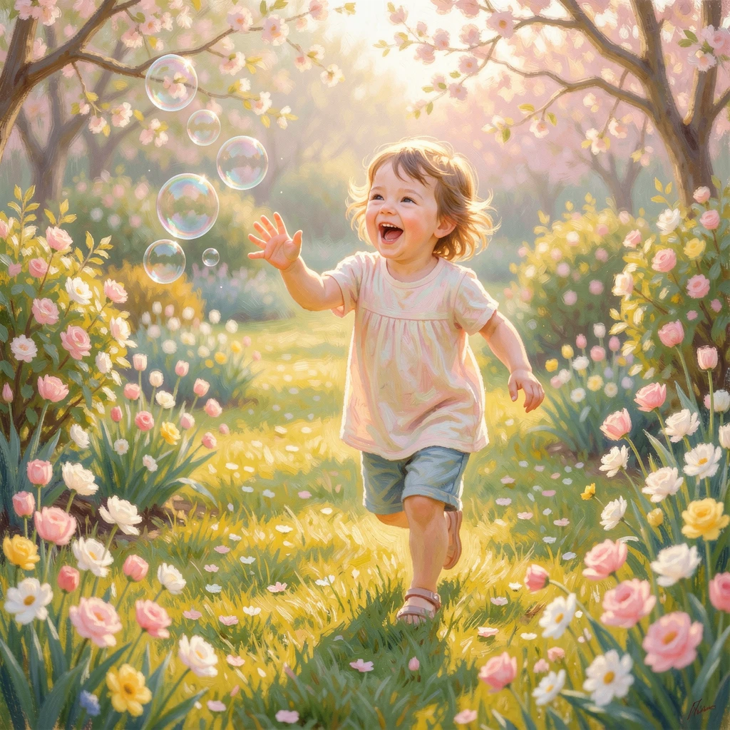 A child chasing soap bubbles across a sunlit garden lawn, laughter frozen in a joyful expression, just as the first blossoms of spring appear, filled with a cozy, comforting atmosphere.