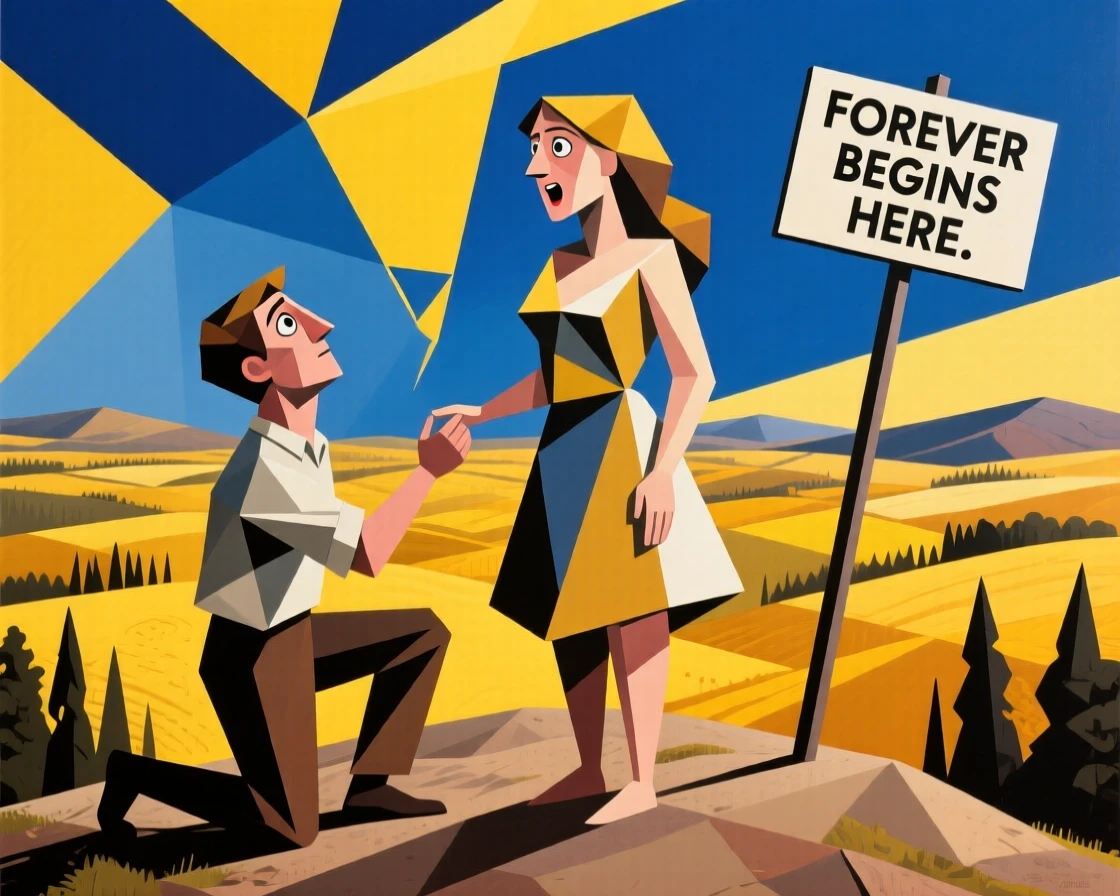 A young man proposing to his partner on a hilltop overlooking a golden valley.