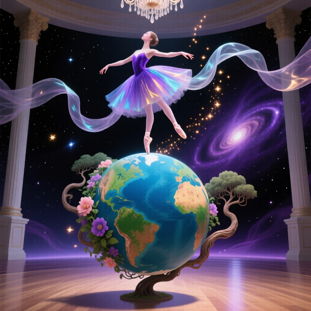 A ballerina balanced weightlessly atop a slowly spinning globe rests peacefully in a space that feels both familiar and strange, as tiny sparks of light rise gently from where they stand.