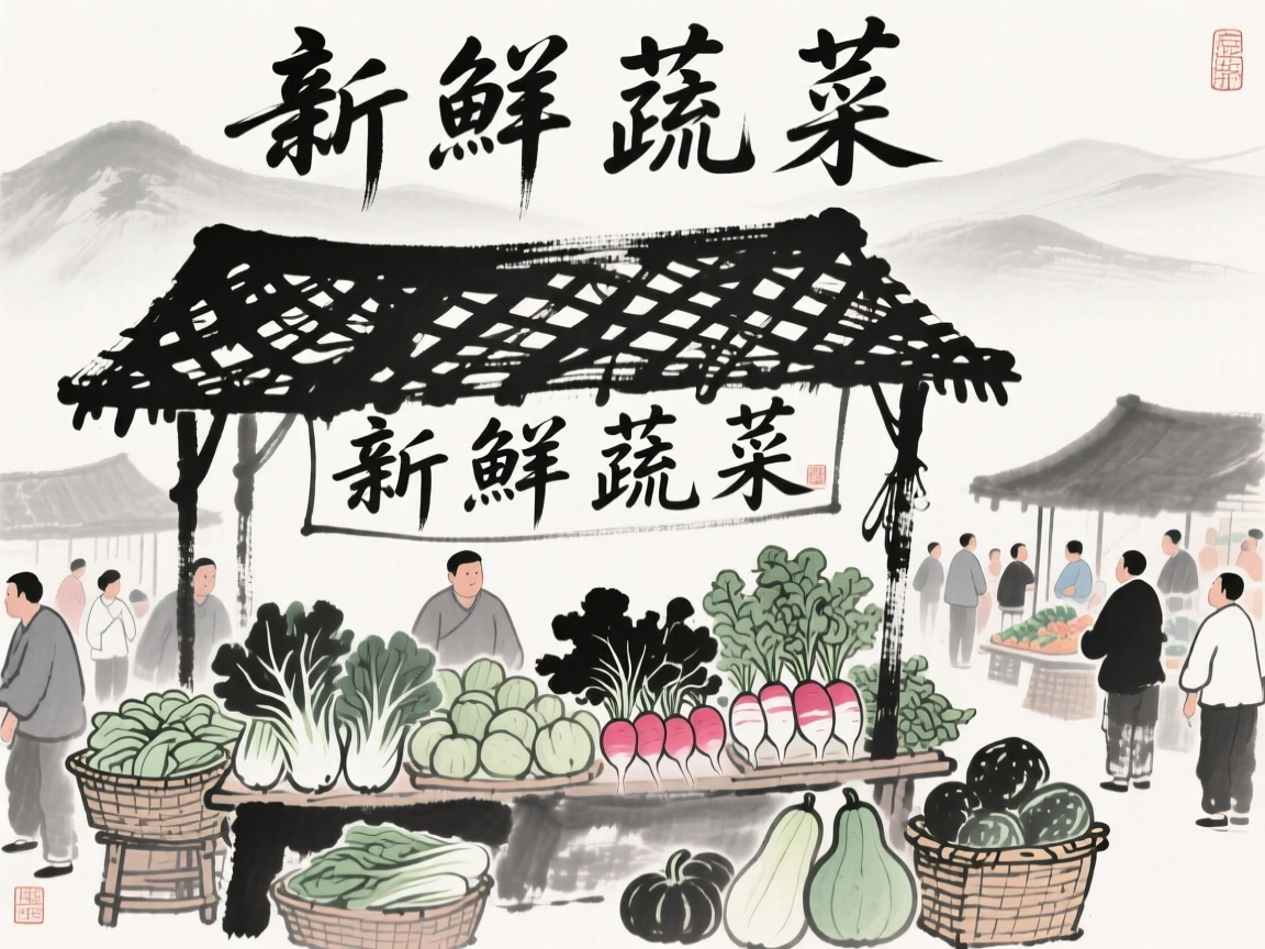 A market stall overflows with fresh vegetables beneath a woven awning, with mountains rising softly in the distance.