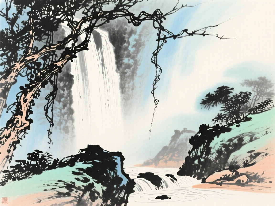 A hidden waterfall tucked behind a curtain of vines, through a light drifting mist, touched with gentle melancholy.