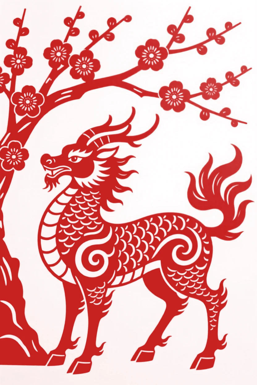 A qilin standing beneath a blossoming tree, scaled body glowing softly, symbolizing prosperity and the arrival of a wise soul